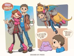  1boy 1girl absurdres animal_crossing beret brown_hair company_connection crossover ditto dragonite english_text female_protagonist_(pokemon_pokopia) flying hat highres leg_warmers nintendo peco2057 pokemon pokemon_(creature) pokemon_pokopia speech_bubble transformed_ditto triangle_nose villager_(animal_crossing) 