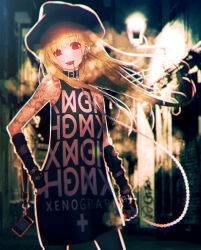  1girl :d absurdres arm_at_side arm_tattoo arm_warmers backlighting barbell_piercing bare_shoulders belt_collar black_arm_warmers black_collar black_hat black_shirt blonde_hair bloom blurry blurry_background butterfly_tattoo cellphone chain chain_leash clothes_writing collar collarbone_piercing contrapposto cowboy_shot crew_neck cross downturned_eyes ear_chain ear_piercing earrings electronic_cigarette emo_fashion floating_hair flower_tattoo glint greek_cross hand_on_own_hip hat headwear_request highres holding_electronic_cigarette industrial_piercing jewelry leash linked_piercing lip_chain lipstick long_hair looking_at_viewer makeup mole mole_under_eye open_mouth original outdoors oversized_clothes oversized_shirt phone photo_background piercing print_shirt red_eyes red_lips rejoys shirt shoulder_tattoo side_labret_piercing sidelocks smartphone smartphone_on_strap smile solo standing steam tattoo teeth tongue_piercing turning_head upper_teeth_only vaping very_long_hair 