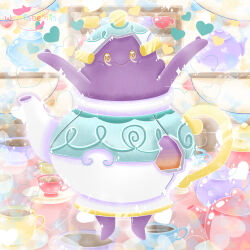  arms_up artist_name cup full_body heart highres indoors looking_at_viewer no_humans pokemon pokemon_(creature) pokemon_focus polteageist teacup teapot wemlisbemlis yellow_eyes 