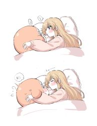  ... 1girl blush borderless_panels brown_hair commentary_request crossover facing_another flying_sweatdrops idolmaster idolmaster_million_live! kirby_(series) kousaka_umi looking_at_another lying ngetyan on_side pillow sleeping spoken_ellipsis sweat waddle_dee 