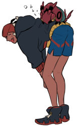  1boy antennae black_hair black_hoodie black_shoes blue_shorts chuu_ni closed_eyes commentary_request dark-skinned_male dark_skin fang full_body hands_on_own_knees headband hood hood_down hoodie leaning_forward long_sleeves male_focus open_mouth orange_headband pokemon pokemon_(creature) pokemon_on_back pokemon_sword_and_shield raihan_(pokemon) shoes short_hair shorts sleeping smile solo spiky_hair squeans standing triangle_mouth venipede white_background yellow_eyes 