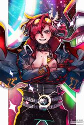  1boy absurdres bare_pectorals belt black_pants blue_jacket cosplay crossed_arms fate/grand_order fate_(series) glint goggles goggles_on_head grin highres jacket jewelry long_hair maewenmitzuki male_focus multiple_belts necklace pants pectorals red_eyes red_hair simon_(ttgl) simon_(ttgl)_(cosplay) smile studded_belt takasugi_shinsaku_(fate) tengen_toppa_gurren_lagann 