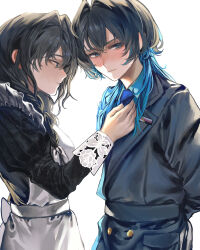  2girls absurdres adjusting_another's_clothes adjusting_clothes adjusting_necktie apron black_dress black_hair blue_eyes blue_hair blue_jacket blue_necktie blue_shirt breasts closed_mouth dress hair_intakes highres hololive hololive_english jacket maid_apron medium_breasts multicolored_hair multiple_girls necktie ouro_kronii ouro_kronii_(4th_costume) ouro_kronii_(maid) selfcest shirt takopapa two-tone_hair virtual_youtuber white_apron yuri 
