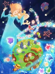  2girls 6+boys :d :o absurdres aqua_dress artist_name bare_shoulders bee blonde_hair blue_eyes blue_flower blue_gem blue_overalls blue_pants blue_toad_(mario) brown_hair brown_shoes bug captain_toad closed_eyes closed_mouth commentary crown dress english_commentary eyelashes facial_hair floating_hair flower gearmo_(mario) gem gloves grass green_hat green_shirt green_toad_(mario) hair_over_one_eye hands_up hat hat_loss highres holding holding_wand honey_queen_(mario) honeybee_(mario) hungry_luma_(super_mario_galaxy) king_fabu lips long_dress long_hair long_sleeves long_tongue looking_up lubba luigi luma_(mario) mario mini_crown multiple_boys multiple_girls mustache off-shoulder_dress off_shoulder one_eye_covered open_mouth overalls pants parted_bangs purple_flower rabbit red_gem red_hat red_shirt red_toad_(mario) robot rock rosalina shirt shoes short_hair sky sleeping smile solid_oval_eyes space sparkle star_(sky) star_(symbol) star_bit star_bunny star_wand starry_sky starshroom_(mario) super_mario_bros. super_mario_galaxy thick_lips toad_(mario) tongue tongue_out u_u wand white_eyes white_flower white_gloves whittle_(super_mario_galaxy_2) wide_sleeves wiggler yellow_flower yoshi 