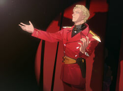  belt blonde_hair blue_eyes char's_counterattack char_aznable collared_shirt dnwn_stone epaulettes gundam highres holder holster jacket long_sleeves male_focus military_uniform pants red_jacket shadow shirt short_hair stage zeon 