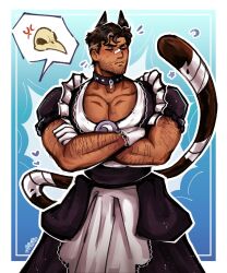  1boy anger_vein animal_ears apron arm_hair artist_name aztexarts bandaged_tail bandages bandaid bandaid_on_face bandaid_on_nose beard_stubble biceps black_choker black_dress black_sash blue_background blush border brown_hair cat_boy cat_ears cat_tail chest_hair choker closed_eyes closed_mouth collarbone commentary crossdressing crossdressing_(mtf) crossed_arms dress english_commentary enmaided facial_hair frilled_apron frills frown gloves heart highres khonshu_(marvel) lace-trimmed_apron lace-trimmed_gloves lace_trim large_pectorals maid maid_apron male_focus male_maid marc_spector marvel marvel_rivals moon_knight muscular muscular_male notice_lines outline outside_border pectoral_cleavage pectorals puffy_short_sleeves puffy_sleeves sash scar scar_across_eye scar_on_face short_hair short_sleeves signature speech_bubble spoken_character stubble studded_choker tail white_apron white_border white_gloves white_outline 
