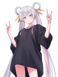  1girl black_shirt blue_eyes blush cho_kaguya-hime! closed_mouth collarbone commentary_request double_fox_shadow_puppet fox_shadow_puppet hair_ornament hair_rings hair_stick highres katsushika_yuki long_hair long_shirt looking_at_viewer multicolored_hair pink_hair runami_yachiyo shirt simple_background smile solo twintails white_background white_hair 
