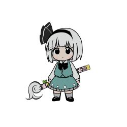  1girl black_bow black_bowtie black_hairband black_shoes bow bowtie cekocn! chibi chibi_only chinese_commentary collared_shirt commentary_request frilled_skirt frills green_skirt green_vest grey_hair hairband highres hitodama_print katana konpaku_youmu long_sleeves looking_at_viewer sheath sheathed shirt shoes short_hair skirt skirt_set socks solo sword touhou vest weapon white_shirt white_socks 