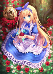  1girl alice's_adventures_in_wonderland alice_(alice_in_wonderland) apron aqua_eyes blue_dress blue_hairband braid closed_mouth dress flower frilled_hairband frills grass hairband hands_up highres long_hair looking_at_viewer puffy_short_sleeves puffy_sleeves red_flower red_rose rose short_sleeves single_braid sitting smile solo toshi_(1-147) white_apron 