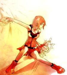  1girl boots dead_fantasy dress dual_wielding english_commentary facing_to_the_side full_body holding illbewaiting kairi_(kingdom_hearts) keyblade kingdom_hearts kingdom_hearts_ii kneeling long_hair red_boots red_dress red_hair sketch smile spaghetti_strap violet_eyes wristband yellow_background 