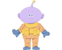  1boy :3 a-pose alien artist_request blue_gloves blue_shoes colored_skin full_body gloves green_eyes highres legs_apart mahou_no_shimai_lulutto_lilly meeter no_humans no_nose official_art purple_skin second-party_source shoes solo spacesuit standing straight-on 