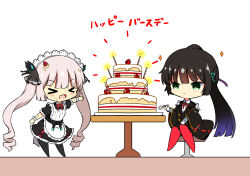  >_< 2girls :< :d apron birthday birthday_cake black_dress black_hair black_jacket black_ribbon black_thighhighs blush bow bowtie bright_pupils butterfly_hair_ornament buttons cake candle chibi chibi_only closed_mouth collared_shirt commentary_request double-breasted dress epaulettes food food_on_face food_on_head frilled_apron frilled_dress frilled_sleeves frills fruit full_body green_eyes grey_hair hair_ornament hair_ribbon hand_up happy happy_birthday heaven_burns_red highres holding holding_spoon jacket long_hair maid maid_apron maid_headdress multiple_girls natsume_inori neck_ribbon no_shoes notice_lines object_on_head official_alternate_costume official_alternate_hairstyle ogasahara_hisame ogasahara_hisame_(angelic_genius_swordswoman) open_mouth pantyhose puffy_short_sleeves puffy_sleeves red_bow red_bowtie red_pantyhose red_ribbon ribbon sekibaracheice shirt short_sleeves simple_background smile sparkle spoon strawberry thigh-highs very_long_hair wavy_ends white_apron white_background white_pupils white_shirt xd 