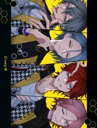  4boys amagi_rinne black_choker blue_eyes bracelet brooch choker commentary crazy_b_(ensemble_stars!) ensemble_stars! fangs grey_hair grin hair_between_eyes hand_up headset highres himeru_(ensemble_stars!) honeycomb_(pattern) houndstooth idol_clothes jacket jewelry letterboxed light_blush long_hair long_hair_between_eyes looking_at_viewer male_focus multicolored_jacket multiple_boys necklace one_eye_closed oukawa_kohaku parted_lips pink_hair red_hair shiina_taki shirt short_hair sideways signature smile tongue tongue_out turtleneck untranslatable_commentary upper_body v-shaped_eyebrows violet_eyes white_shirt yellow_background yellow_eyes zz_nksi 