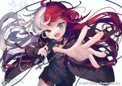  1girl ahoge akubi_demonspade black_choker black_nails black_shirt black_shorts chain chain_necklace choker colored_eyebrows commentary_request copyright_name dated dot_nose facing_viewer fangs fangs_out fingernails flat_chest grey_eyes grey_hair gunjou_row heterochromia holding holding_microphone hood hooded_jacket hoodie jacket jewelry long_hair looking_at_viewer microphone million_production multicolored_hair necklace open_mouth reaching reaching_towards_viewer red_eyes red_hair shirt shorts simple_background sleeve_zipper solo spade-shaped_pupils torn_clothes torn_shirt two-tone_hair vampire very_long_hair virtual_youtuber white_background wire zipper zipper_pull_tab 