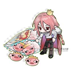  1boy absurdres androgynous animification ascot bishounen black_pants cape character-themed_food chibi chibi_only crown fur-trimmed_cape fur_trim gold_crown hair_between_eyes highres humanization long_hair long_sleeves male_focus minecraft minecraft_youtube mini_person miniboy pants pig_(minecraft) pink_hair pointed_crown pointy_ears qu_le_hua_yuan_yuan_zhu_min red_cape red_eyes shirt simple_background solo technoblade tongue tongue_out watermark white_ascot white_background white_shirt 