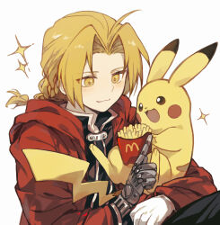  1boy absurdres ahoge blonde_hair blush_stickers braid cloak color_connection commentary_request crossover curtained_hair edward_elric food french_fries fullmetal_alchemist hair_intakes highres long_hair male_focus mcdonald's mechanical_hands open_mouth pikachu pokemon prosthesis prosthetic_arm red_cloak simple_background single_mechanical_hand solo sparkle white_background xue_ezi yellow_eyes 