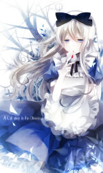  1girl alice's_adventures_in_wonderland alice_(alice_in_wonderland) apron black_ribbon blonde_hair blue_dress blue_eyes card cowboy_shot dress english_text filiananna hair_between_eyes hair_ribbon hand_up holding holding_card long_hair playing_card ribbon solo standing tree white_apron white_background 