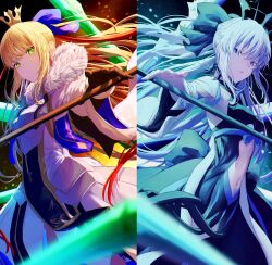  2girls armor armored_dress artoria_pendragon_(fate) black_dress black_gloves black_ribbon black_tiara blonde_hair blue_eyes blue_ribbon braid breastplate breasts cape closed_mouth clothing_cutout collar color_contrast crown dark_background dot_nose dress fate/grand_order fate_(series) from_side fur-trimmed_cape fur_trim gloves green_eyes grey_hair hair_ribbon hand_to_weapon highres holding holding_weapon long_hair looking_at_viewer lord_logres_(fate) lord_logres_(first_ascension)_(fate) medium_breasts mirror_image morgan_le_fay_(fate) morgan_le_fay_(third_ascension)_(fate) multicolored_hair multiple_girls navel navel_cutout red_streaks ribbon sidelocks spiked_collar spikes streaked_hair tiara very_long_hair weapon white_dress yagi_(yagi5art) 