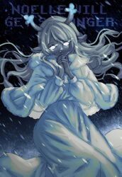  1girl animal_ears antlers blank_eyes blonde_hair capelet commentary deer_antlers deer_ears deer_girl deltarune english_commentary english_text floating_hair fur-trimmed_capelet fur_trim furry furry_female highres hood hooded_capelet horns long_hair noelle_holiday noelle_holiday_(dark_world) omiious own_hands_together robe snowing solo utdr_(toby_fox) weird_route_(deltarune) white_capelet white_robe 