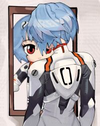  1girl absurdres ayanami_rei blue_hair bodysuit character_name different_reflection doll from_behind fumo_(doll) headgear highres interface_headset_(evangelion) linnees_waos looking_at_mirror mecha_pilot_suit mirror neon_genesis_evangelion plugsuit_(evangelion) red_eyes reflection science_fiction short_hair solo white_bodysuit 