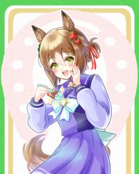  1girl animal_ears blush bow bowtie brown_hair chiffon clover_hair_ornament commentary_request fine_motion_(umamusume) green_eyes hair_between_eyes hair_bun hair_ornament hand_on_own_cheek hand_on_own_face highres holding holding_spoon horse_ears horse_girl horse_tail long_sleeves multicolored_hair open_mouth pleated_skirt purple_sailor_collar purple_serafuku purple_shirt purple_skirt sailor_collar sailor_shirt school_uniform serafuku shirt skirt smile solo spoon tail teeth tracen_school_uniform umamusume upper_teeth_only white_bow white_bowtie white_hair 