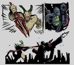  2boys absolute_batman absolute_dc bodysuit dc_comics fighting gun holding holding_gun holding_weapon joker_(dc) lance_of_longinus_(evangelion) male_focus mecha mecha_pilot_suit mechanical_arms monster multiple_boys neon_genesis_evangelion robin_(dc) robot valtsuviitala weapon 