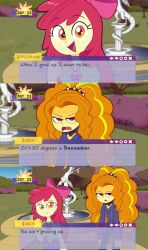  2girls adagio_dazzle adagio_dazzle_(human) afro apple_bloom apple_bloom_(equestria_girls) black_hoodie black_pants blonde_streaks bow character_name child denim discord_(my_little_pony) empty_eyes english_commentary english_text fountain green_shirt hair_bow highres hood hood_down hoodie irrelevant_lurk jeans jewelry looking_at_viewer multicolored_hair multiple_girls my_little_pony my_little_pony:_equestria_girls my_little_pony:_friendship_is_magic necklace open_mouth orange_eyes orange_hair pants pink_bow red_hair shirt short_sleeves spiked_headband statue streaked_hair tearing_up tongue video_game_dialogue_box violet_eyes 