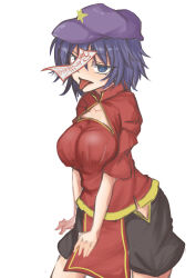  1girl absurdres black_eyes black_hair black_skirt breasts commentary hat hat_ornament highres kuraki large_breasts miyako_yoshika newsboy_cap ofuda purple_hat red_shirt shirt short_hair short_sleeves simple_background skirt solo star_(symbol) star_hat_ornament tongue tongue_out touhou white_background 