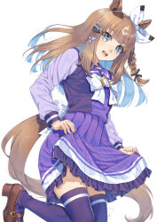  1girl almond_eye_(umamusume) animal_ears bow bow_hairband bowtie brown_hair commentary_request cross-shaped_pupils frilled_skirt frills hairband holding_own_skirt horse_ears horse_girl horse_tail horseshoe_ornament long_hair long_sleeves looking_at_viewer miri_(ago550421) multicolored_hair open_mouth partial_commentary pleated_skirt purple_sailor_collar purple_shirt purple_skirt sailor_collar sailor_shirt school_uniform shirt simple_background skirt smile solo streaked_hair symbol-shaped_pupils tail teeth thighs tracen_school_uniform umamusume upper_teeth_only white_background white_bow white_bowtie white_hairband white_streaks x-shaped_pupils 