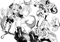  2boys 4girls \m/ absurdres ahoge arknights arknights:_endfield baseball_cap blush character_request commentary_request copyright_request curled_horns dragon_girl dragon_horns dragon_tail eyepatch fingerless_gloves fold-over_boots gloves greyscale hair_intakes hat highres horns iro_marimo monochrome multiple_boys multiple_girls ojou-sama_pose pants shoes shorts sneakers socks tail tangtang_(arknights) tiger_girl tiger_tail tight_clothes tight_pants yvonne_(arknights) 