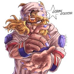  1boy american_flag american_flag_print arm_warmers artist_name blonde_hair blue_eyes blue_nails darent_z english_commentary flag_print hat highres hood hood_down hoodie horse_print horseshoe_hat_ornament horseshoe_ornament johnny_joestar jojo_no_kimyou_na_bouken long_hair looking_at_viewer male_focus red_sleeves short_sleeves signature solo star_(symbol) star_print steel_ball_run two-tone_sleeves upper_body white_background white_hat white_hoodie white_sleeves 
