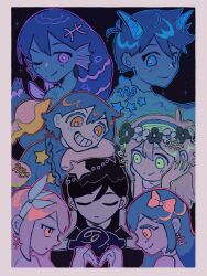  3girls 4boys absurdres alternate_eye_color antenna_hair aubrey_(faraway)_(omori) aubrey_(headspace)_(omori) aubrey_(omori) basil_(headspace)_(omori) basil_(omori) black_hair blue_eyes blue_hairband blush bow bright_pupils brother_and_sister brothers closed_eyes closed_mouth dual_persona earrings flower_wreath green_eyes green_hair grin hair_bow hairband head_wreath highres horns jewelry long_hair looking_at_another looking_at_viewer mari_(headspace)_(omori) mari_(omori) milkymilkyshark multiple_boys multiple_girls omori omori_(omori) one_eye_closed open_mouth pink_bow pink_eyes purple_hair short_hair siblings sidelocks smile teeth violet_eyes white_pupils 