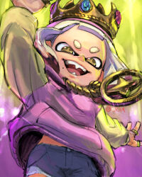  crown highres hood hoodie inkling jewelry mole mole_under_mouth necklace open_mouth pearl_(mc.princess)_(splatoon) pearl_(splatoon) short_shorts shorts splatoon_(series) splatoon_2 splatoon_2:_octo_expansion stup-jam tentacle_hair thick_eyebrows white_hair 