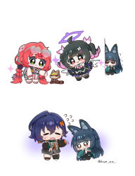  4girls :3 animal_ear_fluff animal_ears belle_(zenless_zone_zero) black_hair black_shirt black_skirt blue_hair blush braid braided_twintails camera camera_around_neck chibi chibi_only closed_eyes closed_mouth colored_inner_hair commentary crossed_bangs eyewear_on_head facial_mark flying_sweatdrops fox_ears fox_girl gradient-tinted_eyewear green_eyes hair_between_eyes hair_ornament hairclip halo hearing_aid heart heart-shaped_eyewear heart_facial_mark highres hoshimi_miyabi hue_oo kamanosuke_(zenless_zone_zero) letter_hair_ornament long_hair multicolored_hair multiple_girls nangong_yu nangong_yu_(rhapsody's_muse) official_alternate_costume one-piece_swimsuit open_mouth pink_one-piece_swimsuit purple_halo raccoon red_hair shirt short_hair short_twintails simple_background skirt sparkle sphere_hair_ornament swimsuit tanuki tinted_eyewear twintails twitter_username two-tone_one-piece_swimsuit ukinami_yuzuha ukinami_yuzuha_(tanuki_in_broad_daylight) untranslatable_commentary white_background white_one-piece_swimsuit white_wings wings zenless_zone_zero 