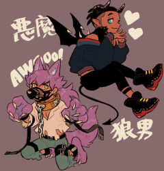  2boys alternate_costume animal_feet animal_hands aqua_eyes belt belt_buckle belt_collar black_belt black_hair black_horns black_jacket black_pants black_shoes black_wings buckle chain chuu_ni claws closed_mouth collar commentary_request dark-skinned_male dark_skin demon_boy demon_horns demon_tail demon_wings double-parted_bangs grey_background hair_between_eyes heart horns jacket kneeling lapels leon_(pokemon) long_hair looking_to_the_side male_focus medium_sideburns multiple_belts multiple_boys muzzle_(mask) notched_lapels open_mouth pants pokemon pokemon_sword_and_shield purple_hair raihan_(pokemon) shirt shoes sideburns sideways_glance smile spiky_hair tail teeth thigh_belt thigh_strap torn_clothes torn_pants torn_shirt translation_request werewolf white_shirt wings wolf_boy wolf_tail yellow_eyes 