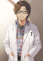  1boy belt black-framed_eyewear black_belt brown_eyes brown_hair brown_pants buttons closed_mouth coat collared_shirt commentary_request glasses green_shirt hand_in_pocket hiraga_keisuke isa_(peien516) lab_coat layered_sleeves looking_at_viewer male_focus object_in_pocket open_clothes open_coat pants pen_in_pocket persona persona_3 plaid_clothes plaid_shirt pocket rectangular_eyewear semi-rimless_eyewear shirt shirt_tucked_in short_hair solo straight-on unbuttoned under-rim_eyewear undershirt upper_body white_coat wing_collar 