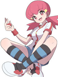  1girl :d black_socks blue_shorts blue_socks breasts commentary crossed_legs hair_ornament hairclip hiyoshipow holding holding_poke_ball looking_at_viewer open_mouth pink_eyes pink_hair poke_ball poke_ball_(basic) pokemon pokemon_heartgold_and_soulsilver shirt shoes short_sleeves shorts smile socks solo striped_clothes striped_socks teeth twintails two-tone_socks upper_teeth_only white_background white_shirt whitney_(pokemon) wristband 