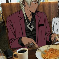  1boy 1girl ace_attorney amikoiiko apollo_justice:_ace_attorney black_shirt blonde_hair breast_pocket brown_hair chain chain_necklace collarbone collared_shirt dark-skinned_male dark_skin drill_hair earrings ema_skye eyewear_on_head facing_to_the_side fingernails fork glasses half_updo handkerchief holding holding_fork holding_handkerchief holding_knife honey initial jacket jewelry klavier_gavin knife lab_coat lapels long_hair long_sleeves looking_at_another male_focus medium_hair middle_ring mismatched_eyebrows multiple_rings necklace nervous_sweating notched_lapels open_collar out_of_frame photo_background pocket popped_collar pouring purple_jacket restaurant ring shirt side_drill sitting smile suit_jacket sunglasses sweat white-framed_eyewear 