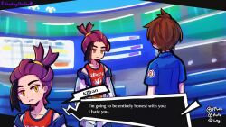  2boys ahoge antenna_hair artist_name black_hair blue_shirt brown_hair collarbone collared_shirt commentary cowboy_shot english_commentary english_text florian_(pokemon) frown highres jacket kieran_(pokemon) looking_at_another male_focus multiple_boys off_shoulder open_clothes open_jacket parted_lips persona pokemon pokemon_scarlet_and_violet purple_hair red_vest shirt shootingstareon short_hair sidelocks single_sidelock teeth user_interface vest white_jacket yellow_eyes 