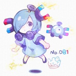  1girl artist_logo blue_hair commentary_request creature_and_personification dress eyes_visible_through_hair floating full_body grey_eyes hair_over_one_eye highres logo magnemite magnet magnet_hair_ornament object_through_head personification pokedex_number pokemon pokemon_(creature) screw screw_in_head short_hair short_sleeves solo watermark yknsugar 