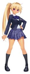  1girl black_socks blazer blonde_hair blue_skirt blush bow bowtie breasts closed_mouth collared_shirt dark-skinned_female dark_skin full_body game_cg hair_intakes hand_on_own_hip jacket kamitsurugi_ouka kneehighs kouyoku_senki_exs-tia_concert large_variant_set loafers long_hair long_sleeves looking_at_viewer miniskirt non-web_source official_art oosumi_kanon plaid_bow plaid_bowtie plaid_clothes plaid_skirt pleated_skirt ponytail red_eyes school_uniform self-datamine shirt shoes side_ponytail simple_background skirt socks solo standing tachi-e tan transparent_background variant_set very_long_hair white_shirt 