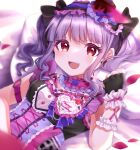  1girl absurdres bang_dream! choker curly_hair dress fang fingerless_gloves frilled_dress frills gloves happy_birthday headdress highres looking_at_viewer lying on_back on_bed open_mouth petals purple_hair red_eyes sidelocks smile solo twintails udagawa_ako umiusagi_mimi upper_body wrist_cuffs 