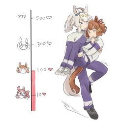  2girls ? ?? ahoge animal_ears belno_light_(umamusume) bilingual_commentary black_shoes blue_eyes blue_jacket blue_pants bob_cut brown_eyes brown_hair commentary diamond_hairband ear_ornament ear_ribbon fujimasa_march_(umamusume) grey_hair grey_shoes hair_ornament hand_on_own_chest heart highres horse_ears horse_girl horse_tail jacket kasamatsu_tracen_school_uniform kiss_meter_(meme) letter_hair_ornament long_sleeves looking_at_another medium_hair meme mixed-language_commentary motion_lines multiple_girls norn_ace_(umamusume) oguri_cap_(racehorse) oguri_cap_(umamusume) pants ponytail reo_000 school_uniform shoes short_hair simple_background sneakers standing standing_on_one_leg tail track_jacket track_pants umamusume umamusume:_cinderella_gray white_background 