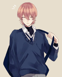  1boy ace_of_diamond bag blue_sweater_vest facing_viewer grey_pants hair_between_eyes highres kominato_ryousuke long_sleeves male_focus necktie pants pink_hair school_bag short_hair simple_background sweater_vest tsubaki_(inetmuh) upper_body 