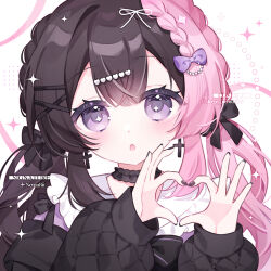  1girl :o black_choker black_hair black_jacket black_nails blue_jacket blush braid braided_bangs center-flap_bangs choker cross cross_earrings earrings four-finger_heart_hands frilled_choker frilled_sailor_collar frills green_hair hair_between_eyes heart heart_hands highres indie_virtual_youtuber jacket jewelry jirai_kei long_hair looking_at_viewer momono-san_(vtuber) multicolored_hair nemuri_(nemu729o) open_mouth pink_hair sailor_collar solo sparkle sparkling_eyes split-color_hair twin_braids twintails two-tone_hair violet_eyes white_background 
