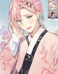  1boy blue_eyes blue_hair blush colored_tips earrings hair_ornament hairclip japanese_clothes jewelry kimono kuzuvine long_sleeves male_focus multicolored_hair open_mouth pink_hair saibai_shounen short_hair solo stud_earrings sweet_(saibai_shounen) 