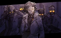  1girl 4girls baseball_cap black_hair black_hat body_armor bulletproof_vest coat commentary english_commentary gloves gun hat highres holding holding_gun holding_weapon jacket long_sleeves luzaitis multiple_girls necktie orange-tinted_eyewear original pants rifle round_eyewear scar scar_on_face shirt sunglasses tactical_clothes tinted_eyewear trigger_discipline weapon 