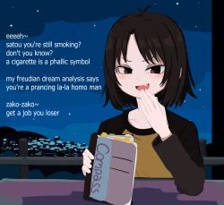  1girl :d antenna_hair black_hair black_shirt blush bob_cut bookmark brown_eyes bullying collarbone commentary elbow_on_table english_text fang fence hand_to_own_mouth highres holding holding_notebook kurokimoko long_sleeves looking_at_viewer mesugaki nakahara_misaki narrowed_eyes nhk_ni_youkoso! night notebook open_mouth outdoors pov_bullying raglan_sleeves shirt short_hair sitting skin_fang sky smile smug solo star_(sky) starry_sky table teasing town two-tone_shirt upper_body v-shaped_eyebrows wooden_fence yellow_shirt 