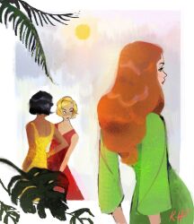  3girls alex_(totally_spies!) back black_hair blonde_hair blue_eyes closed_mouth clover_(totally_spies!) commentary dress eyelashes green_dress green_eyes highres kathuon long_hair long_sleeves multiple_girls orange_hair red_dress sam_(totally_spies!) sleeveless sleeveless_dress sun totally_spies! yellow_dress 