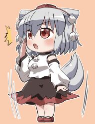  1girl :o animal_ears arm_at_side bare_shoulders black_skirt blush chibi chibi_only commentary_request detached_sleeves dot_nose full_body geta grey_hair hair_between_eyes hands_up hat highres inubashiri_momiji long_sleeves open_mouth outline pom_pom_(clothes) red_eyes red_hat red_sandals red_skirt rokugou_daisuke sandals shirt short_hair signature simple_background skirt sleeveless sleeveless_shirt solo standing tail tokin_hat touhou two-tone_skirt white_outline white_shirt white_sleeves wide_sleeves wolf_ears wolf_girl wolf_tail 